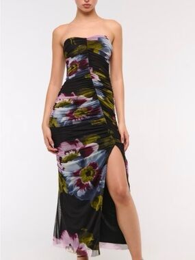 Abercrombie Strapless Ruched Mesh Midi Dress in Black Floral